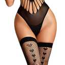 RSLOVE Women Fishnet Bodystocking Sexy - Lingerie Sets with Thigh High Stockings Fishnet Lace Bodysuit Rave Outfits Club (Black), One Size 