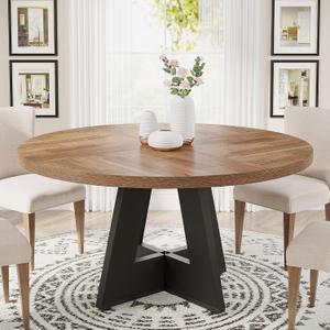 Tribesigns 47 inch Round Dining Table Wood Kitchen Table for Dining Room, 47" Dinner Room Tables for 4-6, Farmhouse Accent Furniture with Wooden Tabletop and Cross Base, Brown+Black, 47.25" x 47.25" x 29.5" inches