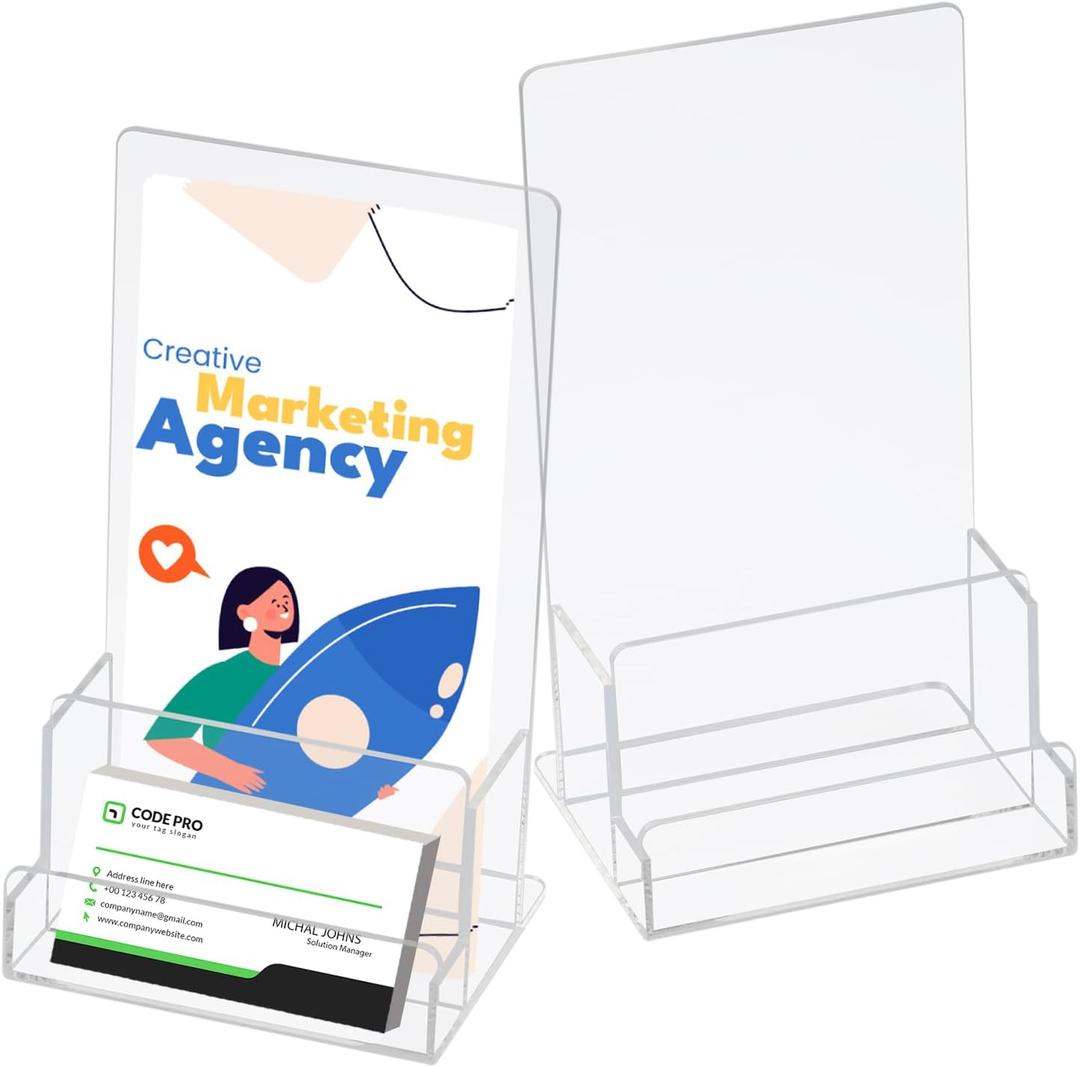 2 Pack Brochure Display Stand with Business Card Holder, Freestanding 4.4 x 7.67 inches, Clear Acrylic Rack Card Holders for Desk, Promotional and Marketing Events