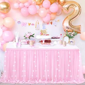 QueenDream 9FT Pink Tulle Table Skirt 2 Layer Tutu Tablecloth with LED for Baby Shower Sweetheart Cake Table Decoration