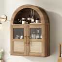 RUSTOWN Arched Bathroom Wall Cabinet, Rattan Medicine Cabinet with 2 Glass Doors, Farmhouse Over the Toilet Storage Cabinets with Adjustable Shelves, 3-Tier Wall Mounted Cabinets