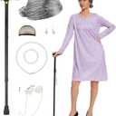 9PC Women Adult Old Lady Costume adult 100 Days of School Granny Grandma Wig Nightgown Dress Set (XXXL)