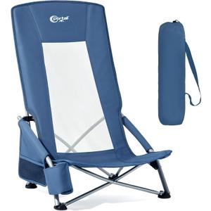 Portal High Back Beach Chair for Adults - Heavy Duty 350 lbs Folding Portable Sand Chair with Cup Holder & Side Pocket, Breathable Mesh Tall Camping Chair with Rotating Feet for Outdoor Travel Blue
