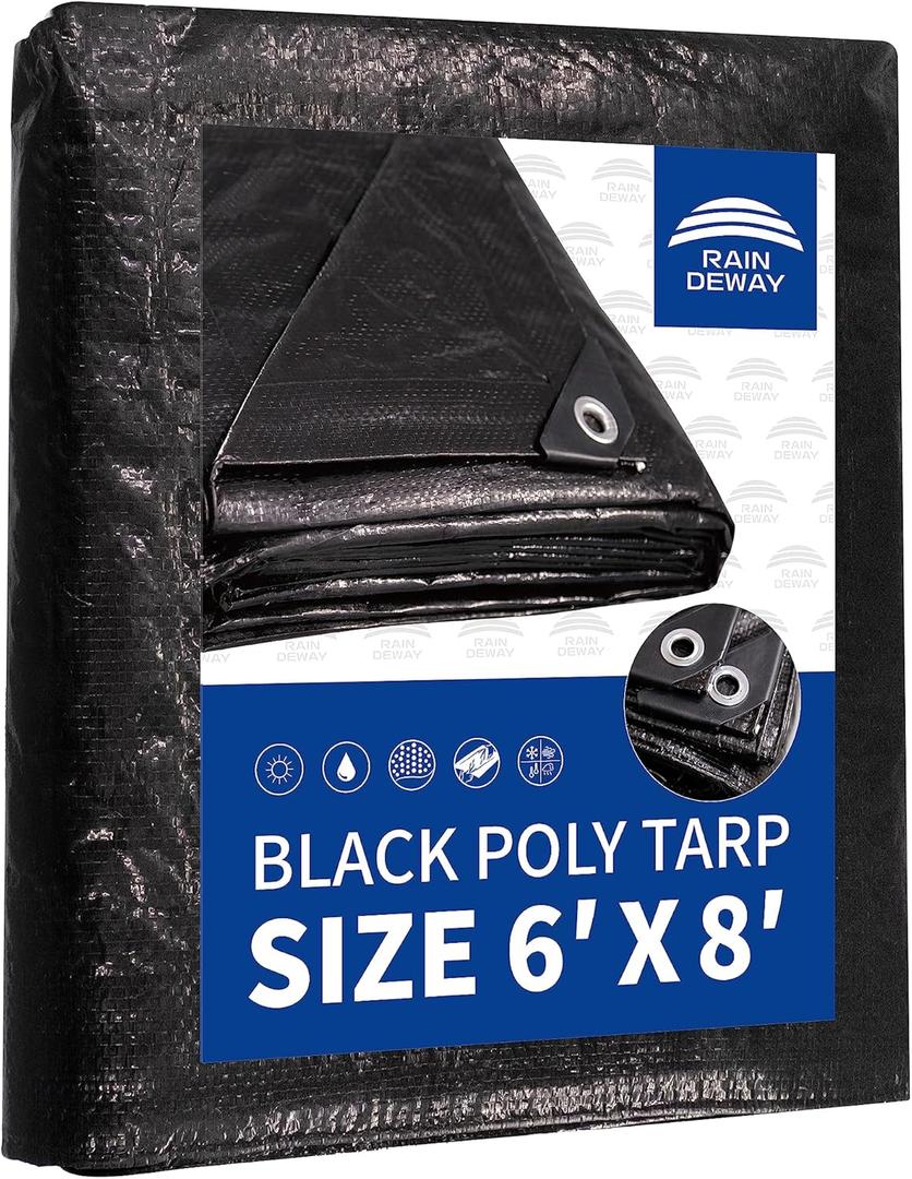 RAINDEWAY Black Tarp 6x8 Feet, UV Resistant, 8 Mil Multipurpose Medium Duty Waterproof Poly Tarp Cover with Metal Grommets and Reinforced Edges