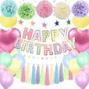 Pastel Rainbow Party Decorations - 50Pcs Pastel Birthday Decorations with Happy Birthday Banner, Balloons & Paper Pom Poms, Macaron Theme Party Supplies for Girls & Boys, Kids, Women