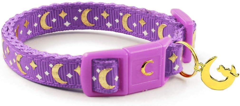 Cat Collars, Gold Moons and Stars Cat Collar, Safety Breakaway Cat Collar, Glow in The Dark (Kitten 6.5"-10" Neck, Lavender)