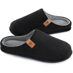 VeraCosy Men's Cozy Slip-on Slippers Corduroy Memory Foam Indoor House Shoes (11-12, Dark Black)