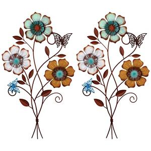 Moxweyeni Tricolor Flower Wall Decor Vintage Metal Wall Art Decor Rustic Hanging Flowers Decorative Metal Floral Art for Home Living Room Bathroom Indoor Outdoor, 15 x 9.1 Inch(2 Pieces)