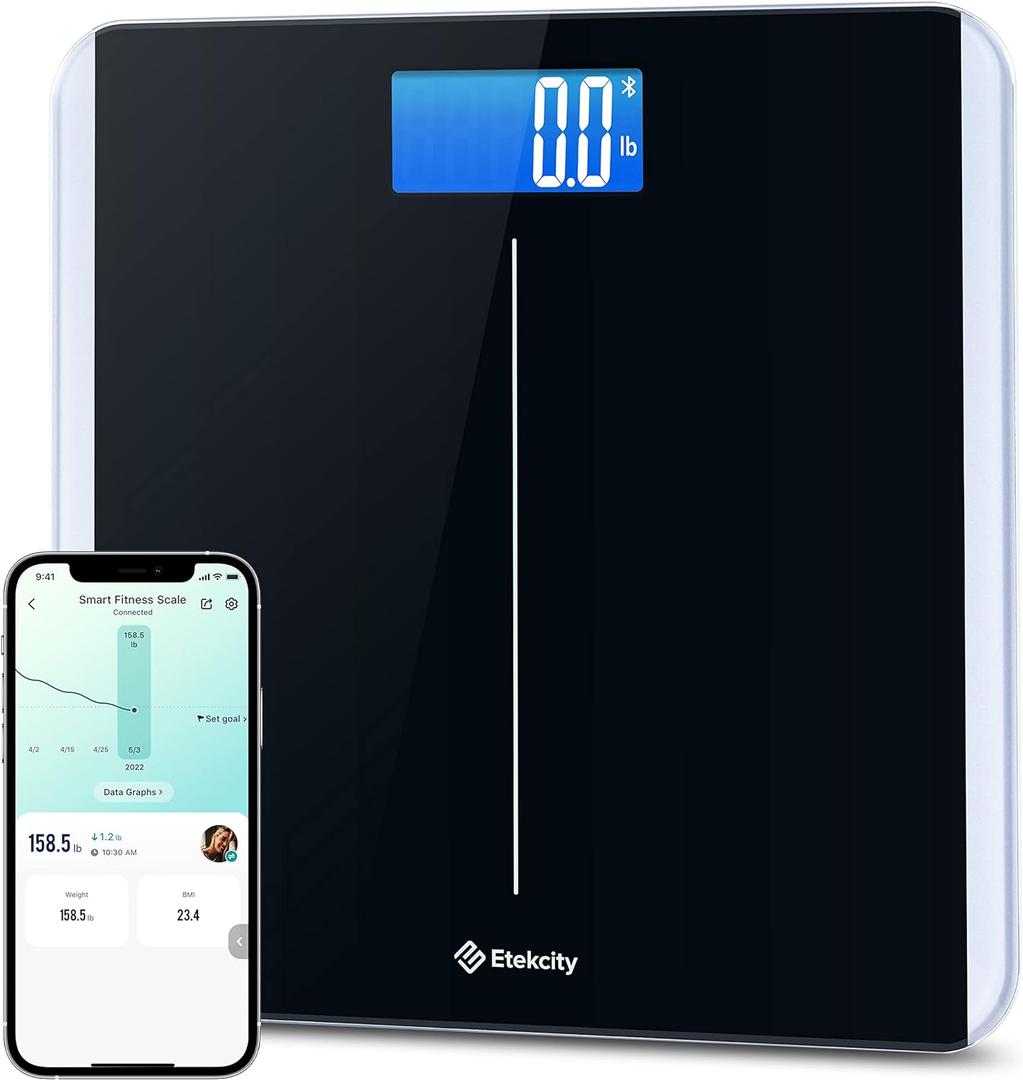 Etekcity Smart Scale for Body Weight and BMI, Bathroom Digital Electronic Weighing Scale for People, Bluetooth Free VeSync APP Connection, Rounded Corner, Accurate to 0.1lb/0.05kg, 400 lbs, Black (11 x 11 inches)