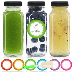 STARSIDE 8 oz 3 Pack Glass Juice Bottles with Lids - Square Reusable Drinking Jars for Juicing, Milk, Kombucha - Includes 1 Bottle Brush, 6 Colored Labels