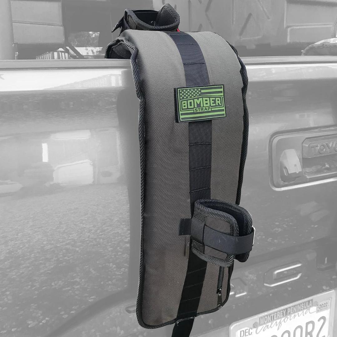 Bomber Strap Patented Single-Bike Tailgate Pad (Black) | Magnetic Buckles, Unobstructed Backup Camera, Universal Fit for All Trucks, Full Hitch & Tailgate Access, Quick Install, 1.5" CLOSED-CELL FOAM PADDING