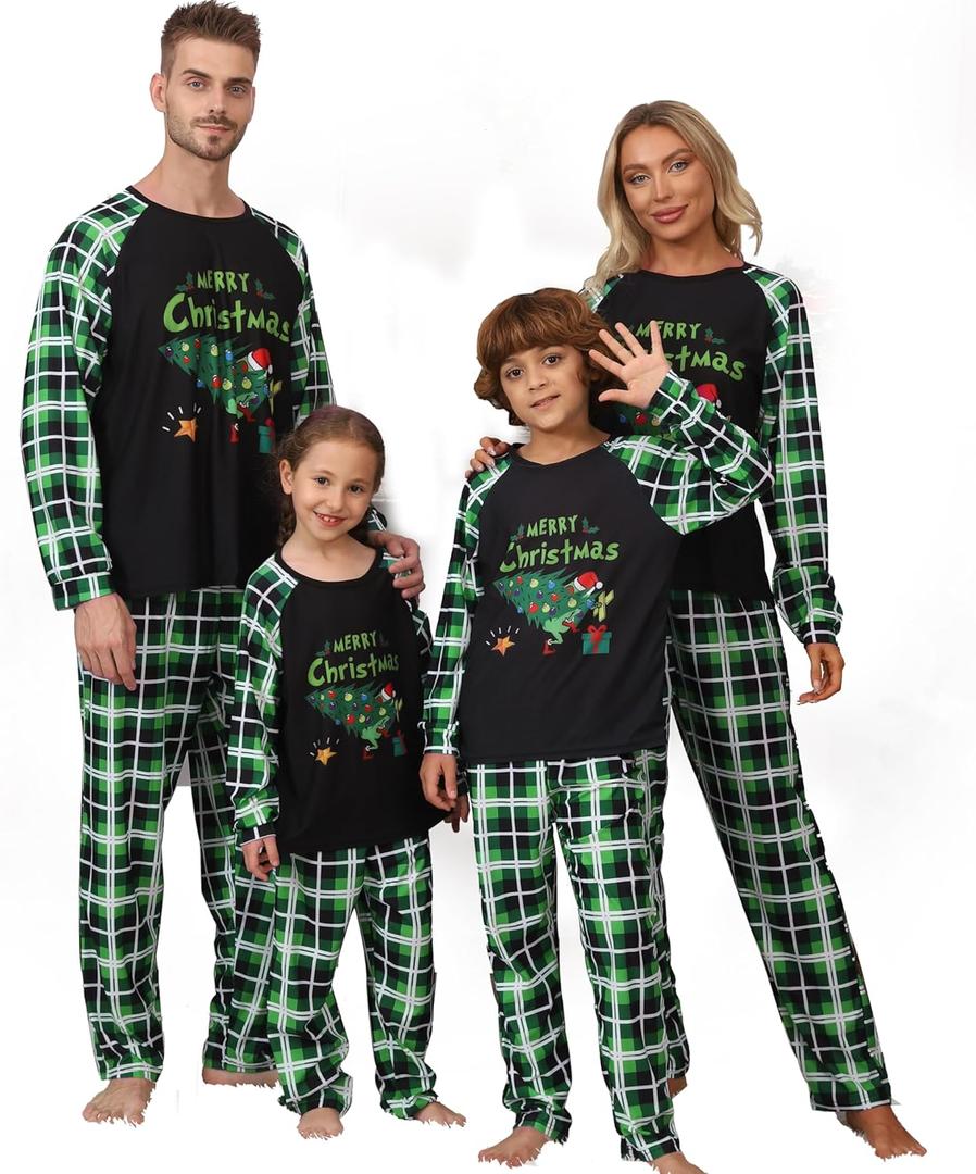JAXUH Christmas Pajamas for Family, Holiday Matching Christmas Pjs for Couples/ Adult, Cute Printed Xmas Sleepwear (Men, S, Green Plaid)