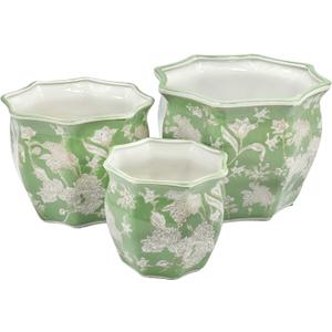 Galt International Green & White Round Fluted Floral Porcelain Ceramic Plant Flower Planter Pot Set of 3 (7.5", 10", 13") Garden Pots Chinese Asian Design