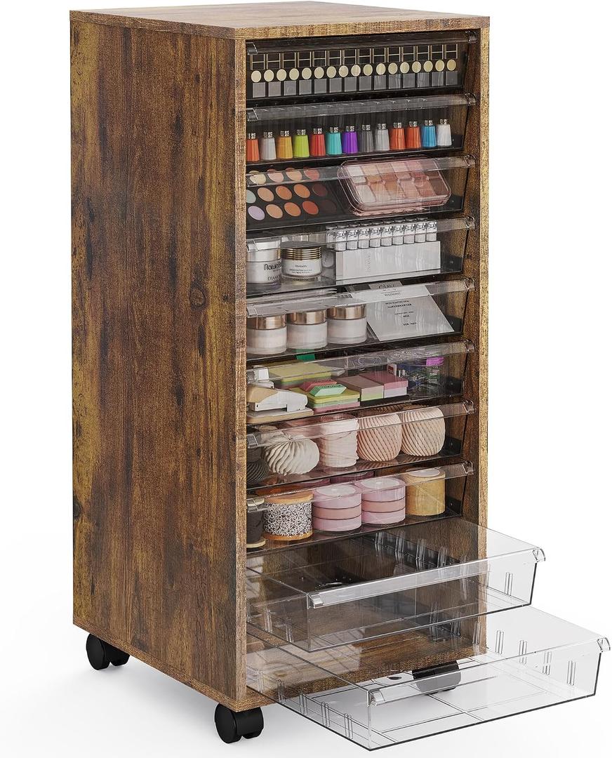 WOPITUES Storage Drawer Cart, Mobile Storage Cabinet, Makeup Storage with 10 Large Clear Drawers, Utility Wooden Rolling Cart on Wheels, for Cosmetic, Art Craft, Office Supplies, Toy, Brown