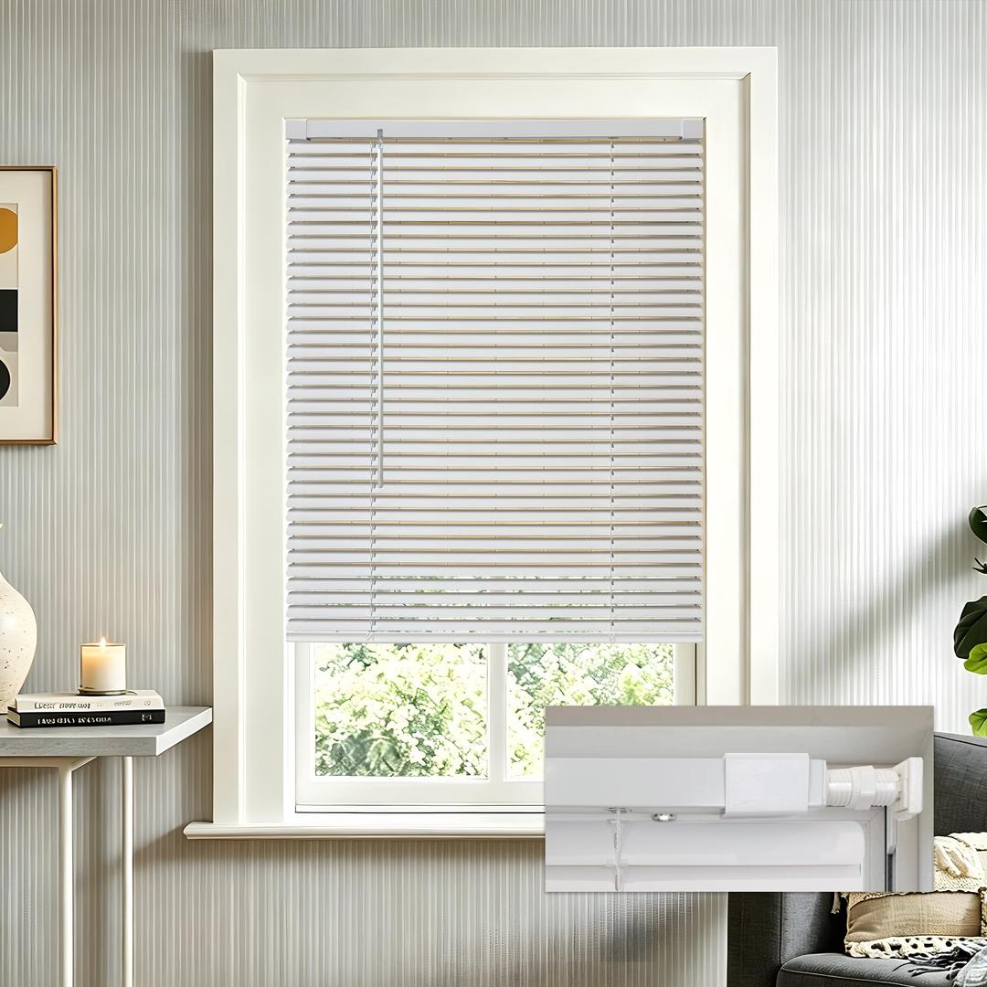 AURILOFT No Drill Cordless Vinyl Mini Blinds,White,29.5" W x 64" H
