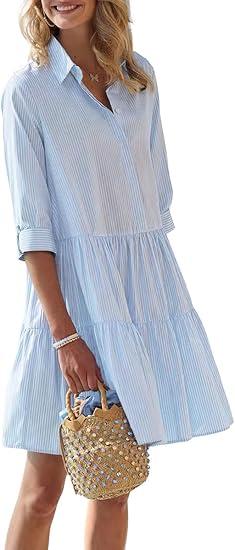 chouyatou Women's Striped Button Down Shirt Dress Loose Casual Cuffed Sleeve Tiered Mini Tunic Dress, Size: Large