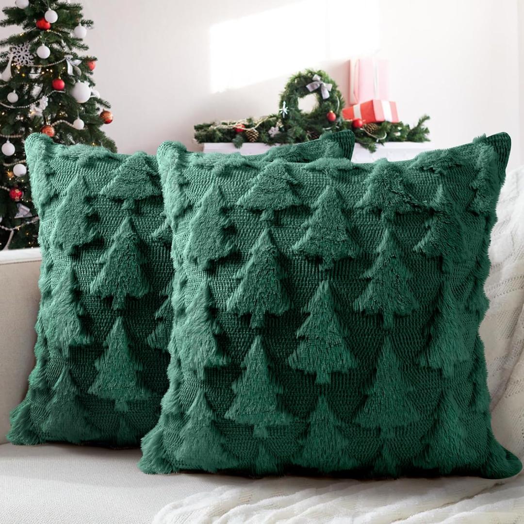 Christmas Pillow Covers 18x18 inch, Set of 2 Christmas Tree Decoration Soft Plush Faux Fur Throw Pillows Covers for Winter Holiday Festivals Bedroom Sofa Home Decor (Green)