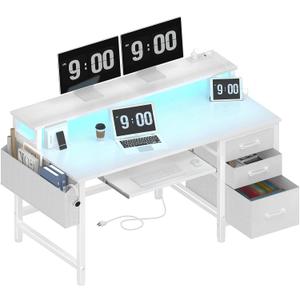 Lufeiya Gaming Desk with LED Lights and Power Outlets, 47 Inch Home Office Desks with Keyboard Tray, White Computer Desk with File Drawers Cabinet, Writing Table PC Desks with Monitor Stand, White