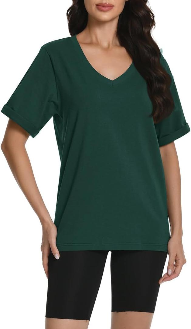 Auriviz Womens Cotton Tops Basic Short Sleeve Oversized Tshirts Short Sleeve Tees Boxy Yoga Gym Workout Shirts (Green, S)