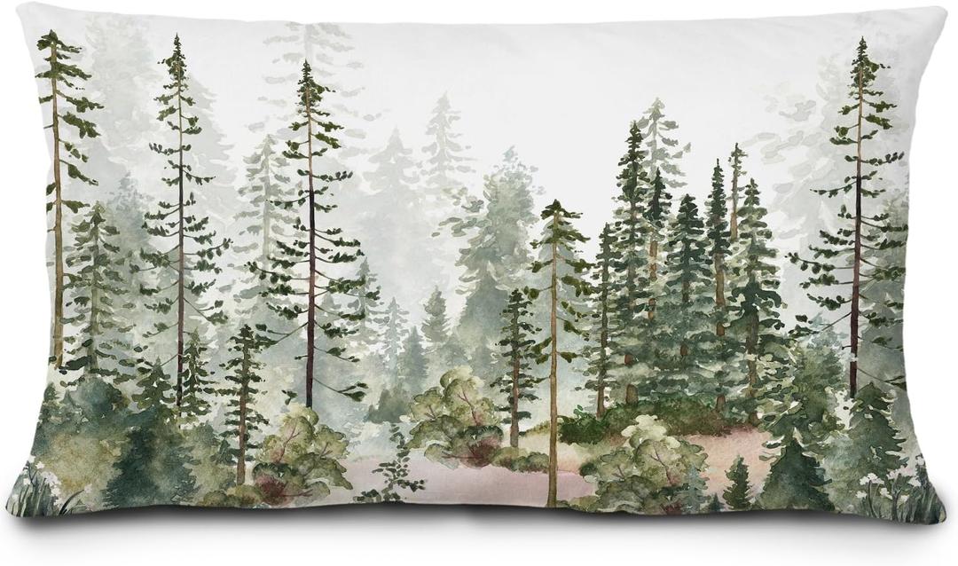 Rustic Forest Tree Pillow Covers 12x20, Green Forest Decor, Farmhouse Misty Mountain Landscape Botanical Lumbar Throw Pillow Covers for Home Bedroom Living Room