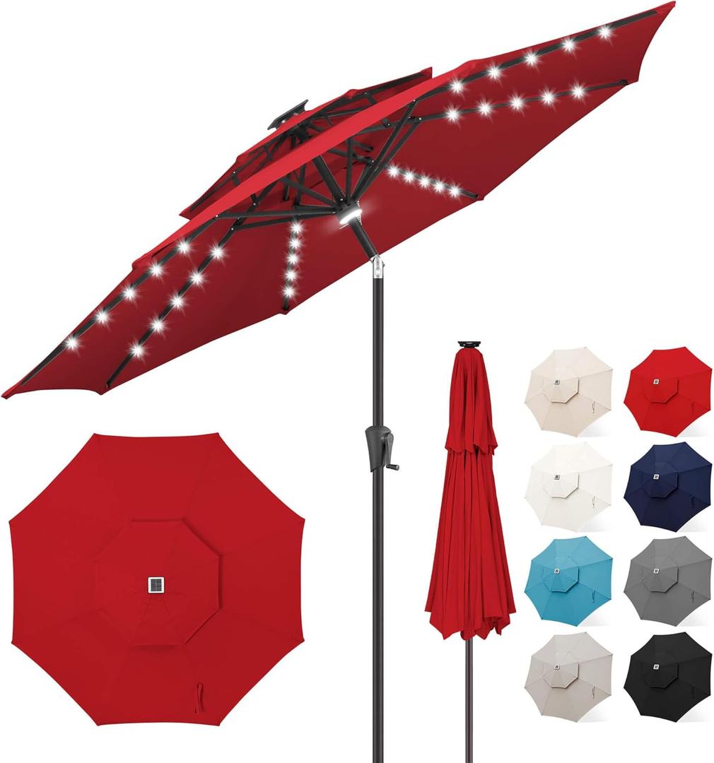 FLAME&SHADE 2 Tiers 9ft Solar Light Patio Umbrella, 40 LED lights outdoor umbrella with Centre Surround Light, Table Market Umbrella for Deck, Pool, Porch, Backyard, Garden (Red)