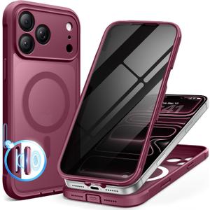 BERFY for iPhone 17 Pro Max Case, Compatible with MagSafe, Built-in Privacy Screen Protector and Camera Protection, Anti-Spy Full Body Shockproof Translucent Matte Phone Case for 17 Pro Max 6.9", Red