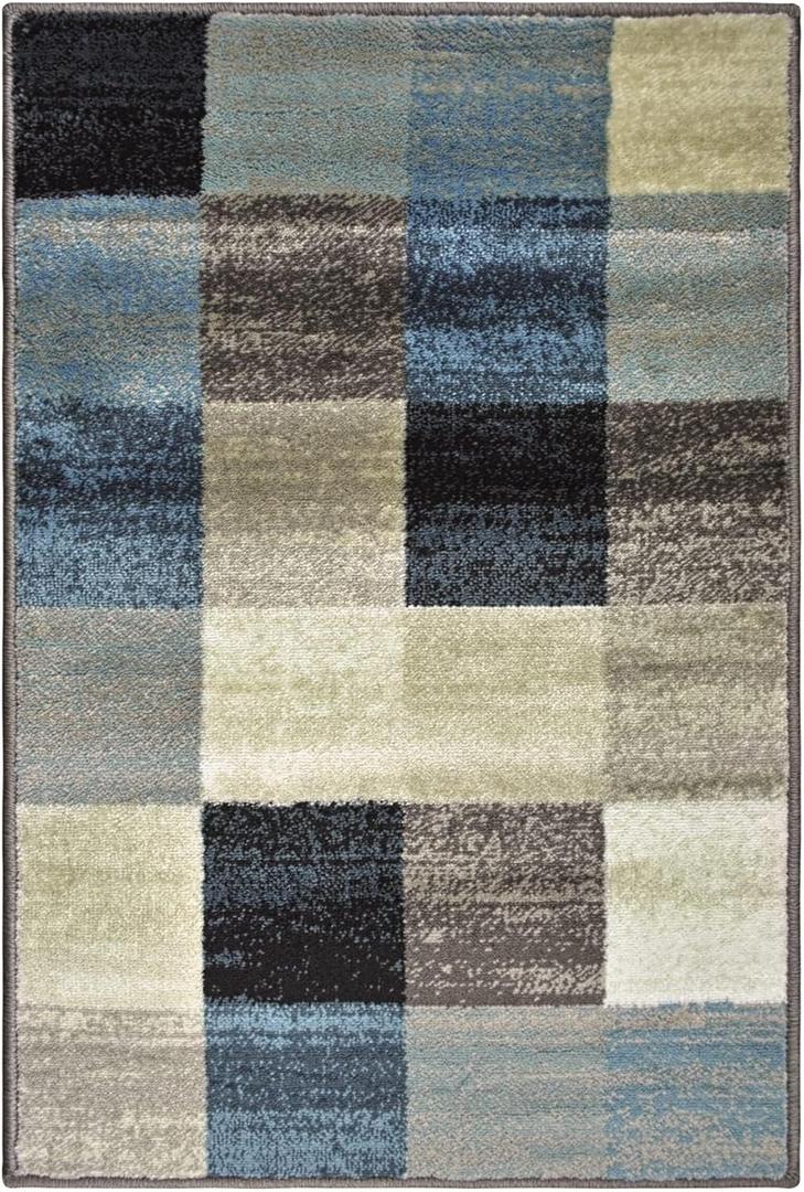 Superior Indoor Area Rug, Jute Backing, Geometric Tile Block Floor Decor for Office, Living Room, Dining, Kitchen Floors, Bedroom, Entryway, Modern Rugs, Rockaway Collection, 2ft x 3ft, Majorica Blue
