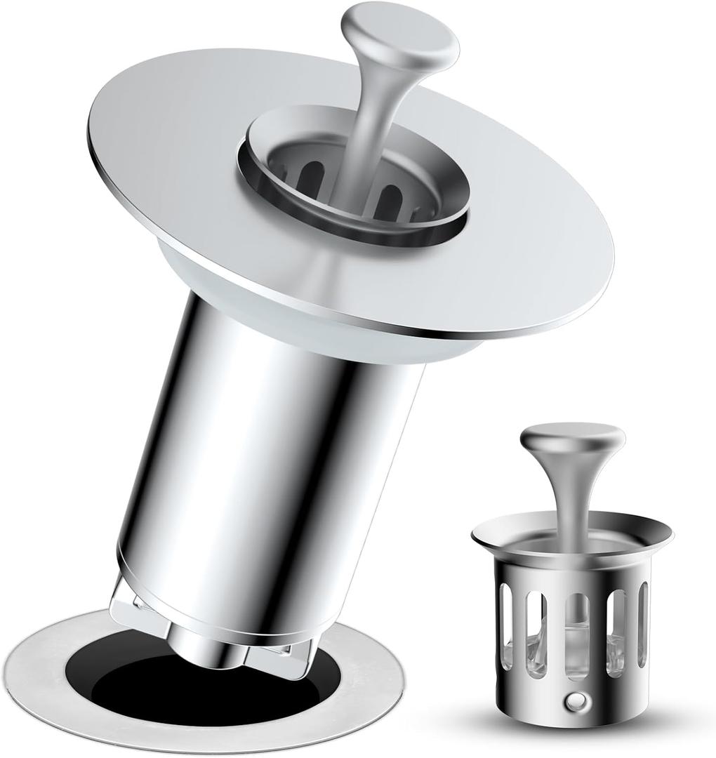 2 x Universal Bathroom Sink Drain Strainer Hair Catcher Upgraded with Visible Top Stainless Basket, 3 in 1 Pop Up Sink Stopper for 1.1''~2.36'' Sink Basin Hole, Chrome