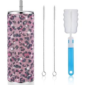 Tessco Bling Tumbler Cups Rhinestones with Straw Glitter Water Bottle Stainless Steel Straw Tumbler Insulated Bling Cup with Lid Brush for Teacher Graduation Season Gifts(20 oz,Pink Leopard Print)