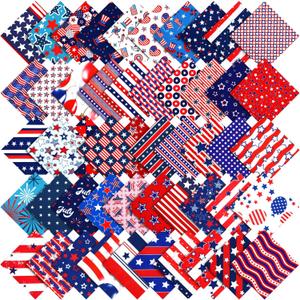 Irenare 100 Pcs 8 x 8 Inches Cotton Patriotic Quilting Fabric Veterans Day Fat Fabric Bundle Squares Quilting American Flag Star Printed Material Sewing Patchwork for Craft Handmade DIY Sewing Craft