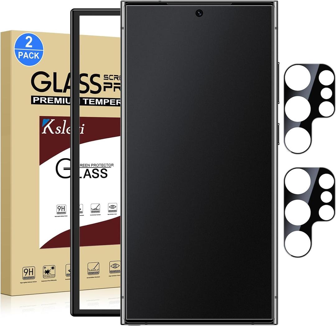 2 Pack Matte Glass Screen Protector for Samsung Galaxy S24 Ultra [6.8 Inch] + 2 Pack Camera Lens Protector with Installation Frame,Fingerprint Unlock Compatible Anti-Glare 0.2mm Tempered Glass