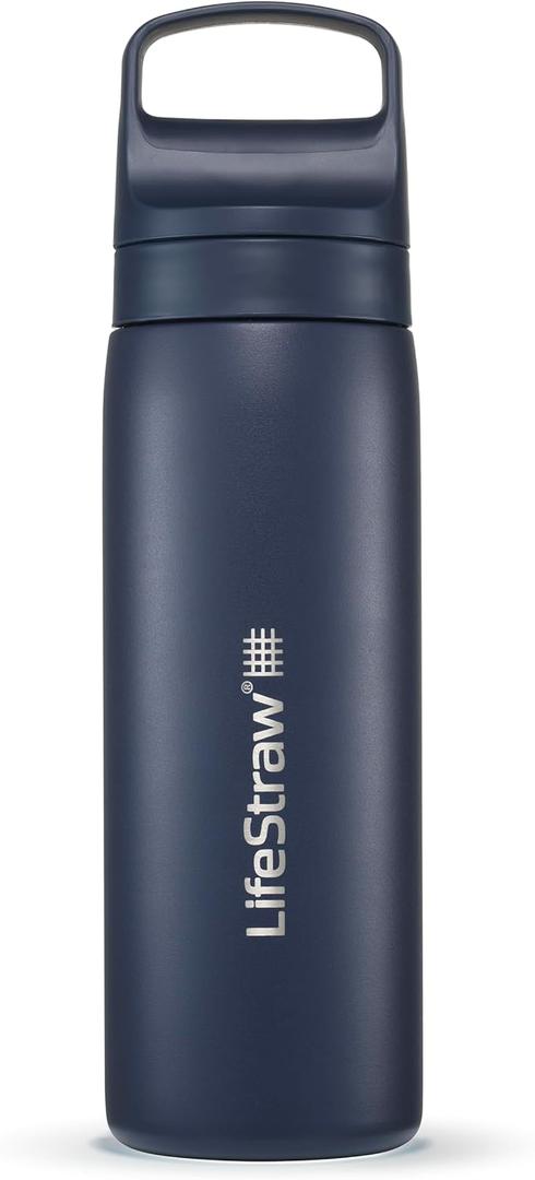 LifeStraw Go Series  Insulated Stainless Steel Water Filter Bottle for Travel and Everyday Use, Removes Bacteria, Parasites and Microplastics, Improves Taste, 18oz Aegean Sea
