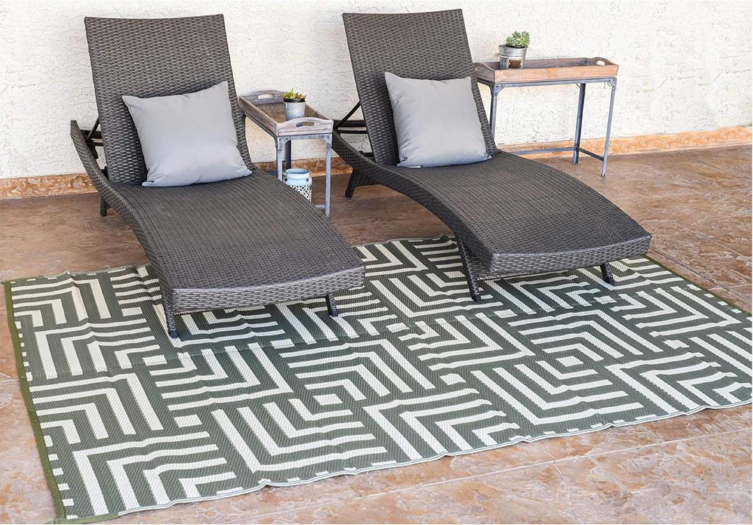 Stylish Camping 276094 6-feet by 9-feet Reversible Mat, Plastic Straw Rug, Large Floor Mat for Outdoors, RV, Patio, Backyard, Picnic, Beach, Camping - Geometric Mat (Olive Green/Beige)