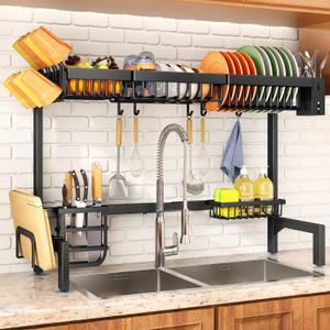 Over The Sink Dish Drying Rack, Adjustable (30" to 41.5") Large Dish Drainer Drying Rack for Kitchen Counter with Multiple Baskets Utensil Sponge Holder Sink Caddy, 2 Tier Black