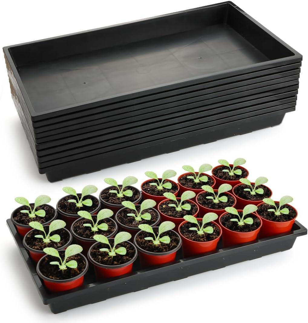RooTrimmer 1020 Flat Seed Starter Trays 10 Pack, Plastic Nursery Pots Trays & Seeds Potting Plants Tray, Durable Carrying Seedling Starting Tray for Planting (Black)