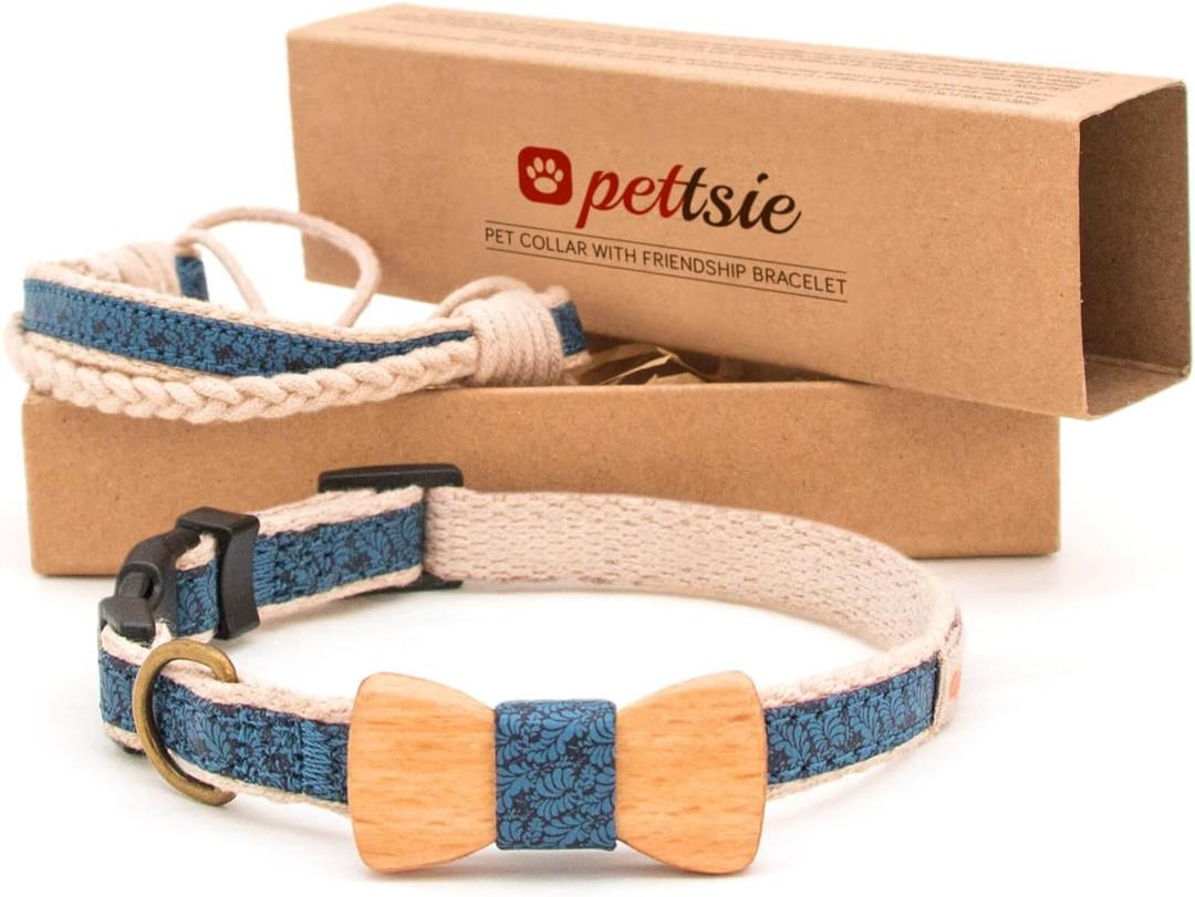 Pettsie Adjustable Dog Bow Tie Collar with Matching Owner Friendship Bracelet  Stylish & Durable Pet Accessory, Soft Hemp & Cotton, Secure D-Ring, Gift-Ready Set, Small, Blue