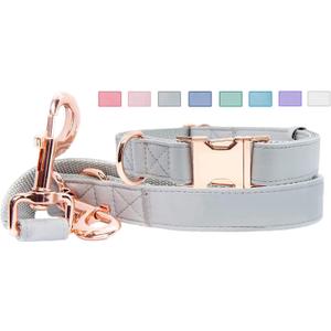 Soft Leather Dog Collar and Leash (6.6') Set - Stylish Rose Gold Heavy Duty Metal Buckle, 4 Adjustable Lengths Leash for Small Medium Large Dogs - Comfortable & Easy to Clean Grey S(12.2"-16.9")