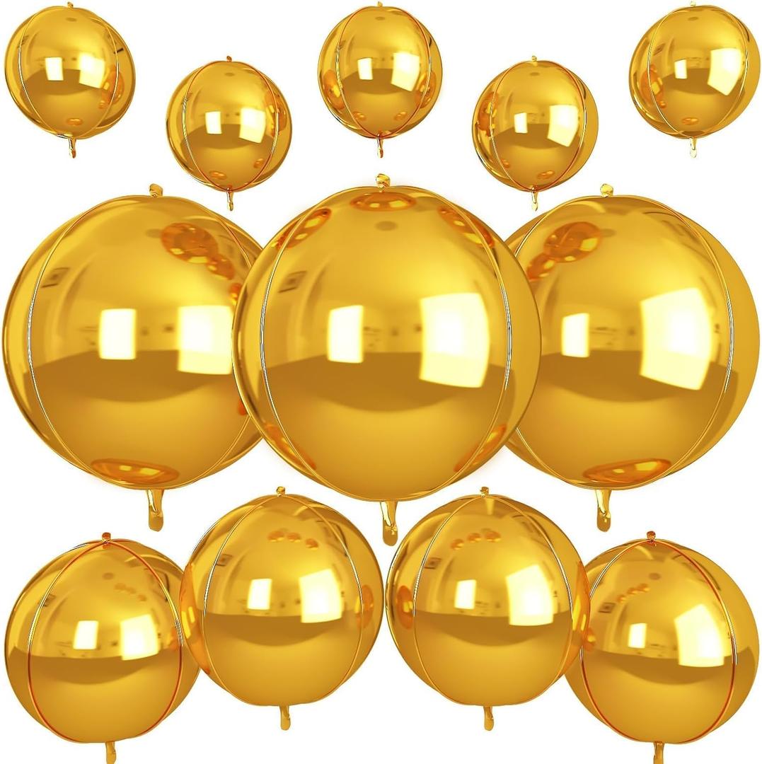 12Pcs Gold Round Foil Balloons, 22" 15" 10" 4D Ball Balloons, Metallic Gold Foil Balloon for Birthday Graduation Wedding Anniversary New Year Eve Disco Party Backdrop Decorations