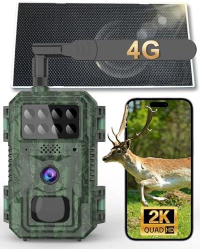 4G Cellular Trail Camera-with 2K 48MP Wide Angle 120 Degree,Night Vision up to 100FT, Solar Powered Hunting Camera with SD Storage, IP68 Waterproof, Motion Activated Wildlife Camera for Hunting