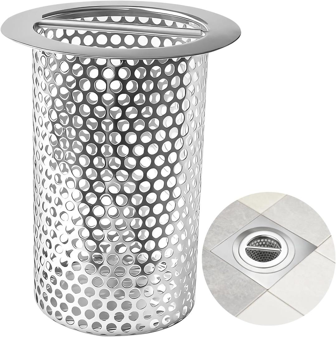 Commercial Floor Drain Strainer, 4.7" Lip Diameter, 3.5" Strainer Diameter, 5.9" Height, Perforated Cylindrical Mesh, Stainless Steel Drain Basket with Carry Handle, Fit 3.94"/ 4.33" Pipes