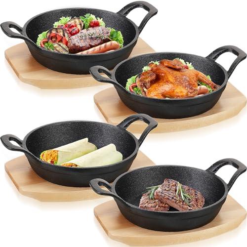 Sliner 4 Sets Mini Cast Iron Skillet Small Cast Iron Plates Skillet with Wooden Base Small Round Pan Fajita Plate Pot for Baking Cooking(5.5 Inch)