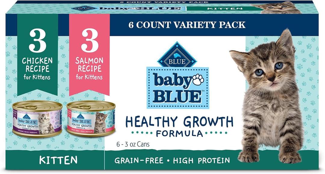 Blue Buffalo Baby Blue Natural Kitten Wet Cat Food Pat Variety Pack, Healthy Growth Formula with DHA, High-Protein & Grain-Free, Chicken and Salmon Recipes, 3-oz Cans (6 Count, 3 of Each) (EXP 03/13/28)