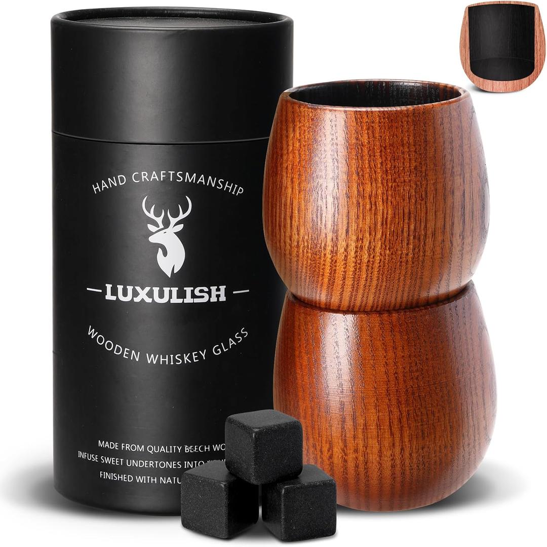 Charred Wooden Bourbon Drinking Glass, Include 3 Ice Whiskey Rocks, Old Fashioned Wood Whiskey Cup Tumblers, for Men, Dad, Husband, Brother, Friends