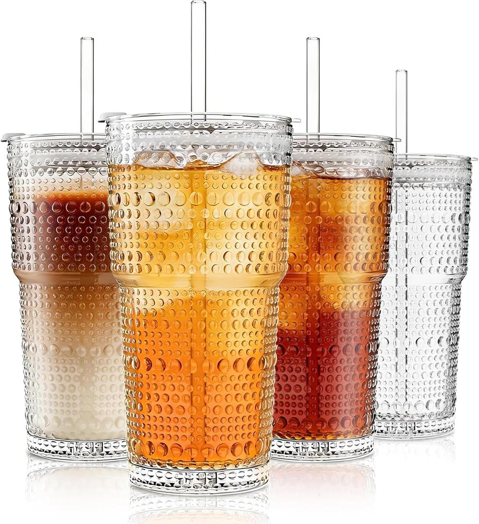 INSETLAN 20oz Hobnail Glass Cups with Lids and Glass Straws  4 Pieces, Thick-Walled Glass Tumblers for Iced Coffee, Smoothies, Milk, Water, Juice, and More  Elegant and Durable Drinking Glasses