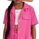 WDIRARA Girl's 3 Pieces Outfit Short Sleeve Button Front Shirt with Camisole and Shorts Set, 12 Years, Hot Pink