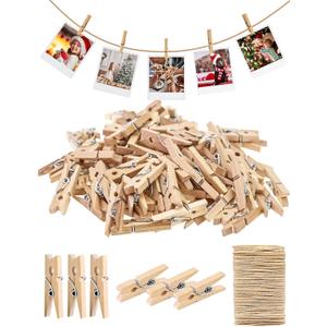 Sturdy Mini Clothes Pins for Photo, 150 Pcs 1 Inch Natural Wooden Clothespins with 33 FT Jute Twine, Small Clips for Crafts Display, Baby Shower Game, Hanging Decorative Pictures, Cocktail, Weddings