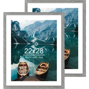 Hongkee 22x28 Frame Set of 2, Rustic Grey Wood Style - Display 18x24 Picture Frame with Mat or 22 x 28 Poster Frame without Mat, Wall Mounting Horizontal and Vertical