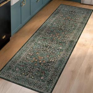 Dark Green 2'x 6'' Runners for Hallways Non Slip, Extra Long Floor Runner for Kitchen, Entryway Indoor, Washable Rubber Backing Stain Resistant - Vintage Floral Décor
