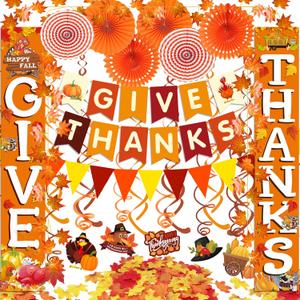 Famoby GIVE THANKS Hanging Banner Porch Sign Autumn Pumpkin Maple Leaf Backdrop Flag Banner Paper Fan&Swirls for Thanksgiving Party Decorations