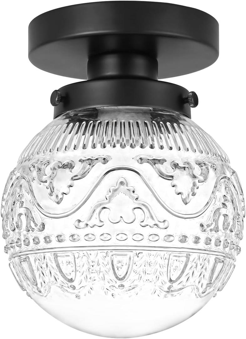Semi Flush Mount Ceiling Light Fixtures, Vintage Globe Glass Ceiling Light Fixture, Antique Small Black Hallway Light Fixtures for Bedroom, Closet, Entryway, Bathroom, Kitchen (Black clear glass shade)